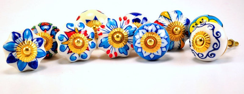 Parijat Handicraft set of 10 blue & white floral ceramic cupboard cabinet knobs drawer pulls Small 1.5" diameter