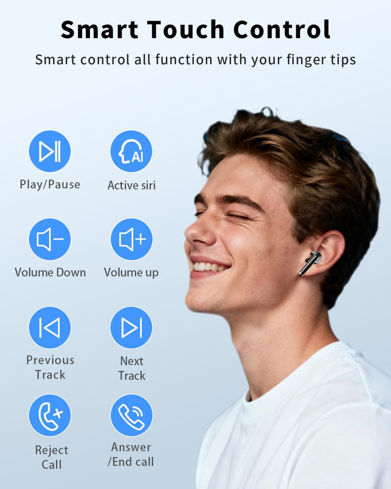 Wireless Earbuds, Bluetooth 5.4 Ear Buds Bass Stereo, Headphones with Noise Cancelling Mic, LED Display in Ear Earphones Clear Calls, IP7 Waterproof Bluetooth Earbuds for Phone/Android/iPad, Black Deep Black