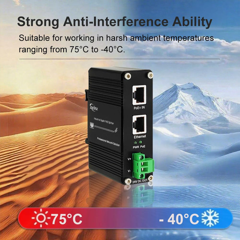 Industrial Gigabit 30W PoE+ Splitter IEEE802.3at/af 24V DC Output with Terminal Block, 10/100/1000Mbps, -40~80°C Power Supply for Security Cameras, Access Control Systems 30W PoE Input 24V DC Out