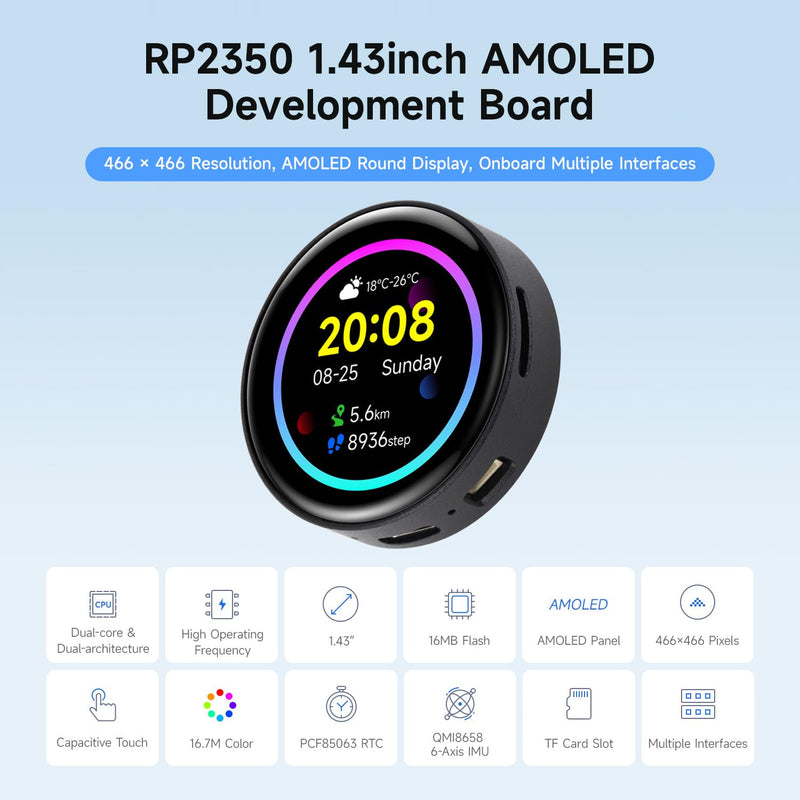 Waveshare RP2350 1.43inch AMOLED Display Development Board, 466×466, SPI Interface Round Display, Onboard Accelerometer and Gyroscope Sensor, RTC Chip