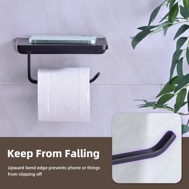 Toilet Paper Holder with Phone Shelf Storage, Wall Mounted Bathroom Accessories Rustproof Tissue Roll Holders Dispenser, Oil Rubbed Bronze