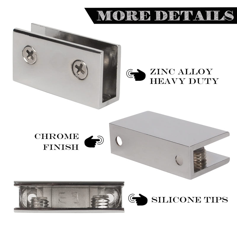 Glass Shelf Brackets Zinc Alloy Glass Clamps for 1/2 Inch（1/2inch 8pcs） | Solid zinc alloy anti-rust structure, glossy polished chrome finish, secure support for 1/2 inch thick glass shelves 1/2 inch 8pcs