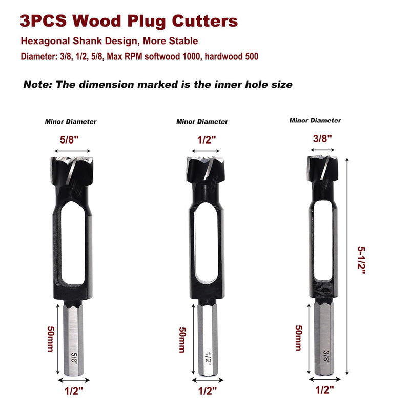 3PCS Wood Plug Cutters Set, Wood Tenon Maker Dowel Pocket Hole Plug Cutters, Woodworking Drill Bit, Suiatble for Making 3/8" 1/2" 5/8" Wood Dowel Pins- (Wood Plug Cutters) 3PCS Wood Plug Cutter