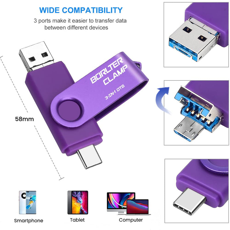 256GB 3 in 1 USB 3.0 Flash Drive Photo Stick for Android Phones, BorlterClamp OTG Memory Stick with 3 USB Ports (USB C, microUSB, USB A) for Samsung Galaxy, LG, Tablets, PC and More, Purple 256GB