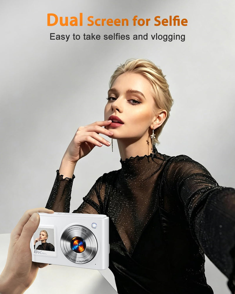 8K Digital Camera for Photography 96MP WiFi Dual Screen Camera for Kids | Vlogging Camera with 16X Zoom, Compact Point and Shoot Travel Camera for Teens Beginners with SD Card, 2 Batteries White