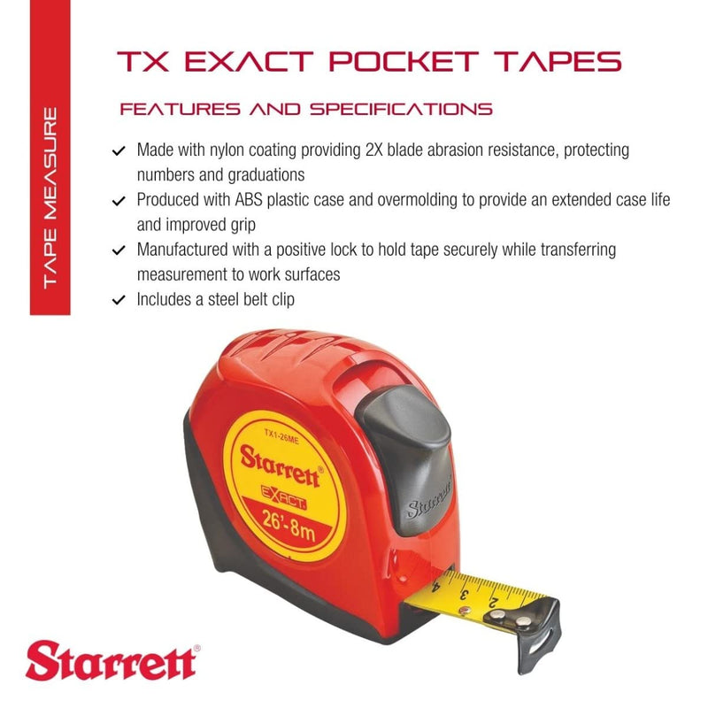 Starrett Exact Retractable Imperial/Metric Pocket Tape Measure with Nylon Coating, Self Adjusting End Hook, and Steel Belt Clip - 1" Width, 26' Length - KTX1-26ME-N