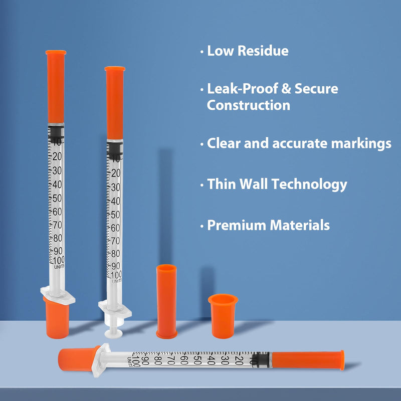 100 Pack U-100 Syringes with Needle, 1ml 30G 5/16" 8mm Syringe, Individually Sealed Packaging 1ml 30G 5/16 inch 100 Pack