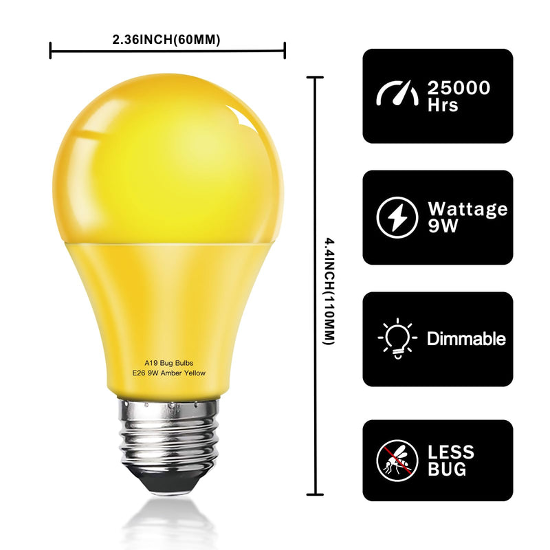 LED Bug Light Bulbs Outdoor 8 Pack,Dimmable 9W Amber Yellow Bug Light Bulbs, 100W Equivalent,A19 Bug Lights for Outside, Bedroom, Hallway Porch Light