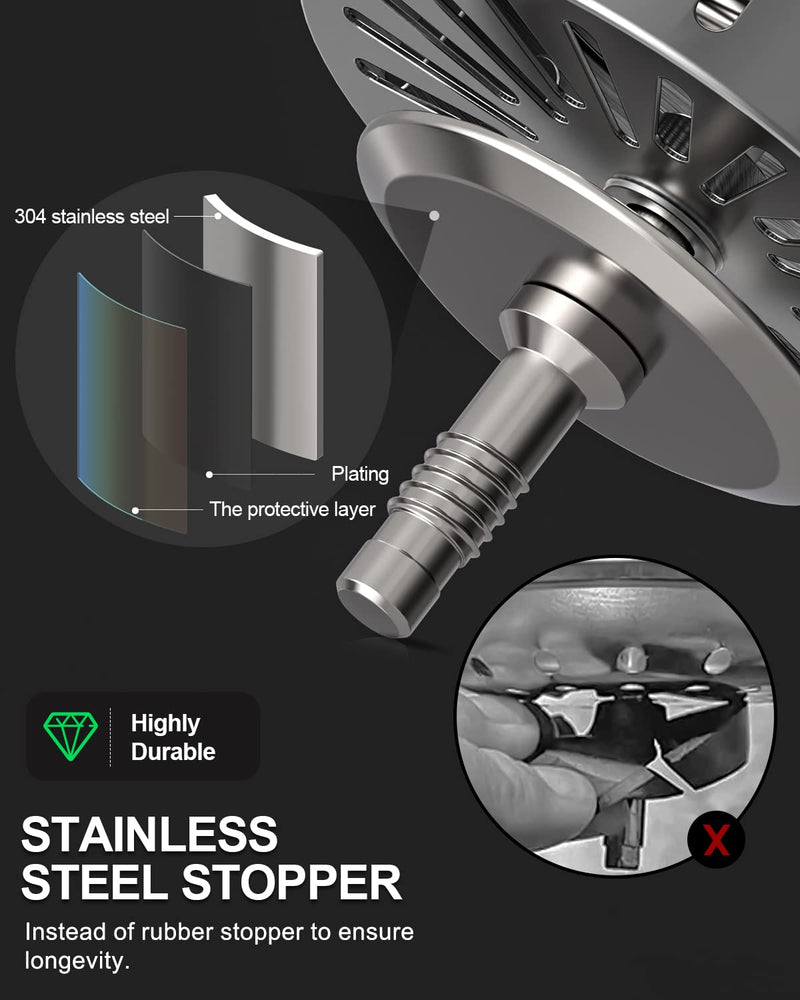 BOTEMY B9171 Kitchen Sink Drain 3 1/2 Inch Kitchen Sink Drain Strainer Assmebly Kit Stainless Steel Sink Strainer Basket/Drain Stopper for 3.5'' Standard American Drain Hole (Brushed) Brushed
