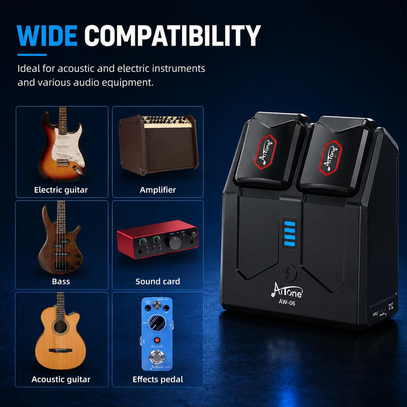 AITONE 5.8GHz Wireless Guitar System with Charging Case (AW-06) | 48kHz/24-Bit Transmitter and Receiver, <6ms Latency, 4 Channels, 65 ft Range, Up to 18H Total Playtime