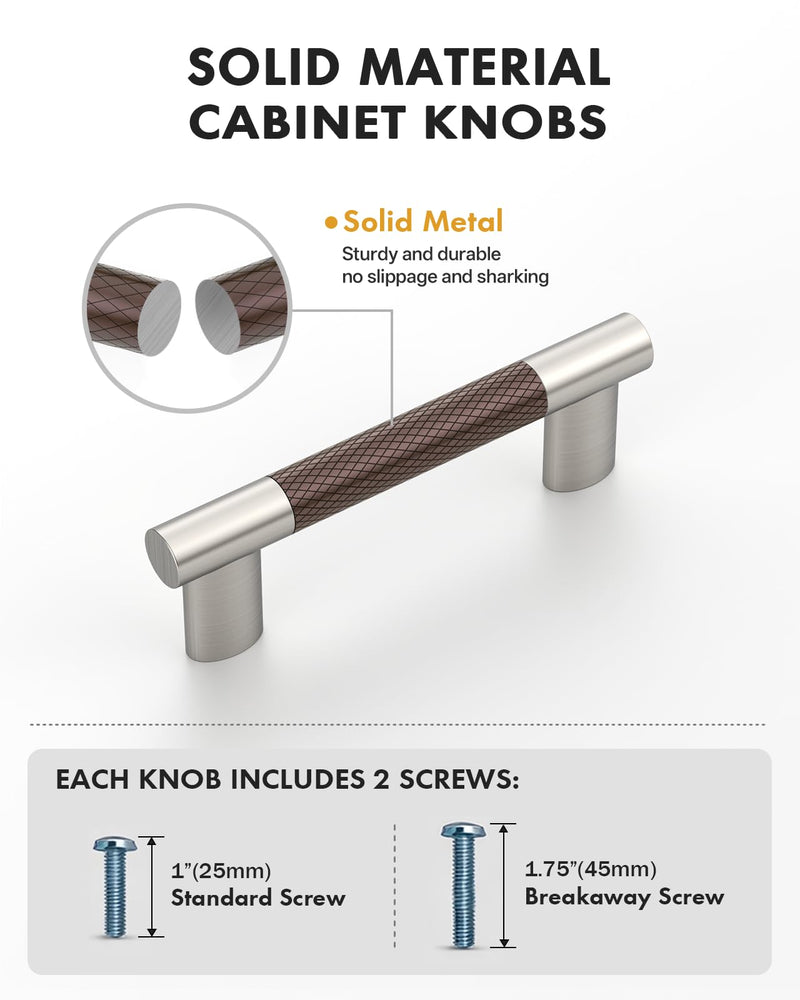 10 Pack 3"(76mm Hole to Hole) Brown and Satin Nickel Cabinet Pulls, Knurled Handles with Coffee Silver Finish for Kitchen Drawers, Vanity Dresser Two Tone Cabinet Hardware CK0094 3"/76MM Hole Center Brown and Nickel 10