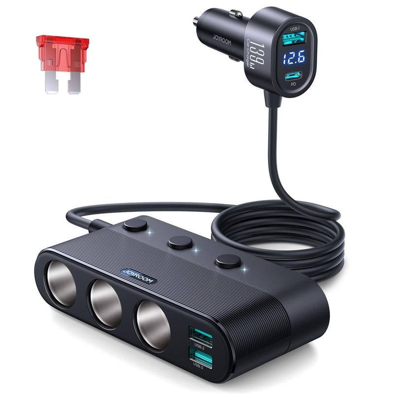7 in 1 Cigarette Lighter Adapter, JOYROOM Car Charger Adapter with PD30W Charge(3.3FT Cable), 24V/ 12V Cigarette Lighter Splitter with Independent Switches & LED Voltage Display for All Car Devices