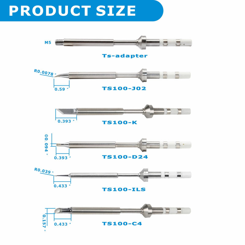 6PCS TS100 Soldering Tips Kit with Threaded Insert Adapter, Compatible with TS100|TS101|/PinecilV2|pine64 Soldering Iron- Includes TS-C4, TS-K, TS-ILS, TS-J02, TS-D24, Fast Heating Ts100-6