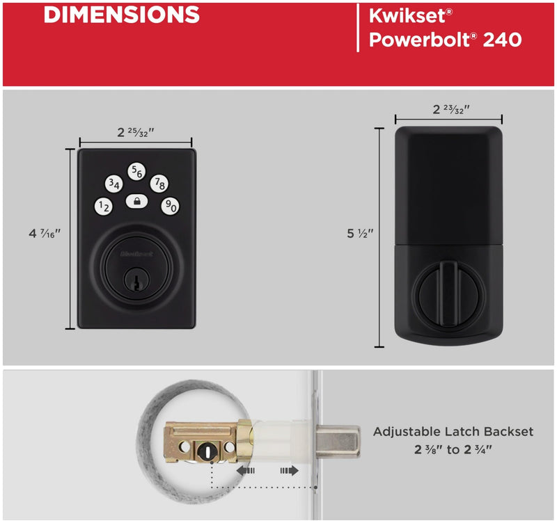 Kwikset 9240CNT-514 Contemporary Powerbolt Electronic SmartCode Deadbolt with RCAL Latch and RCS Strike Matte Black Finish No Size