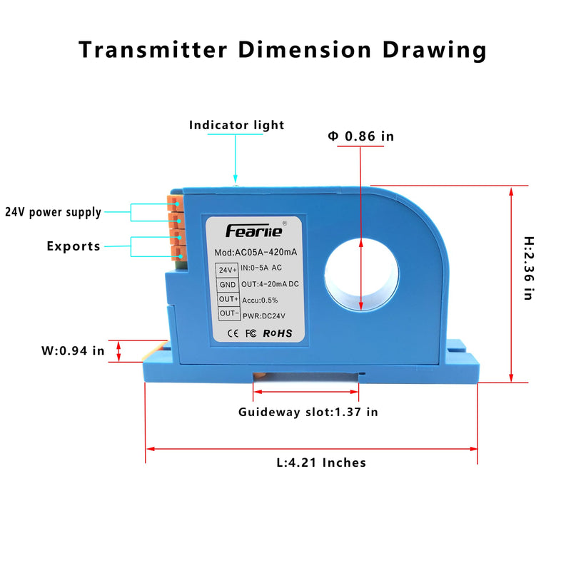 AC Current Transmitter,Hall DC Sensor,Output to PLC or Instrument,High Precision Perforated Sensing Current 0-5V-420mA 0-5A/4-20mA