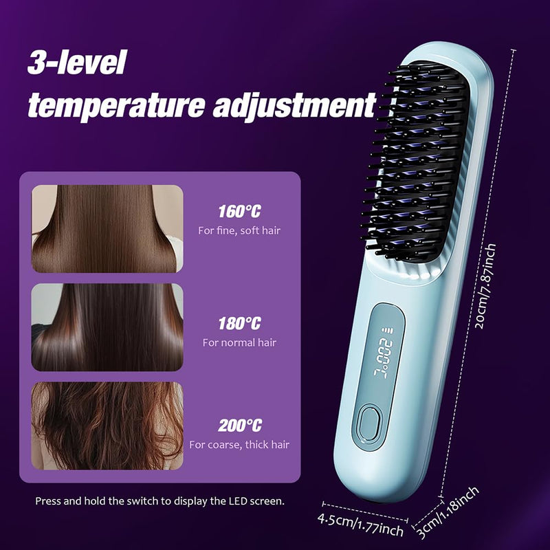  [AUSTRALIA] - GlowWave Heated Brush, 2026 Cordless Hair Straightener Brush, 3 Heat Settings & LED Screen Glowcept Heated Brush, Portable & Rechargeable Heated Styling Brushes for Travel & Everyday Use (Blue)