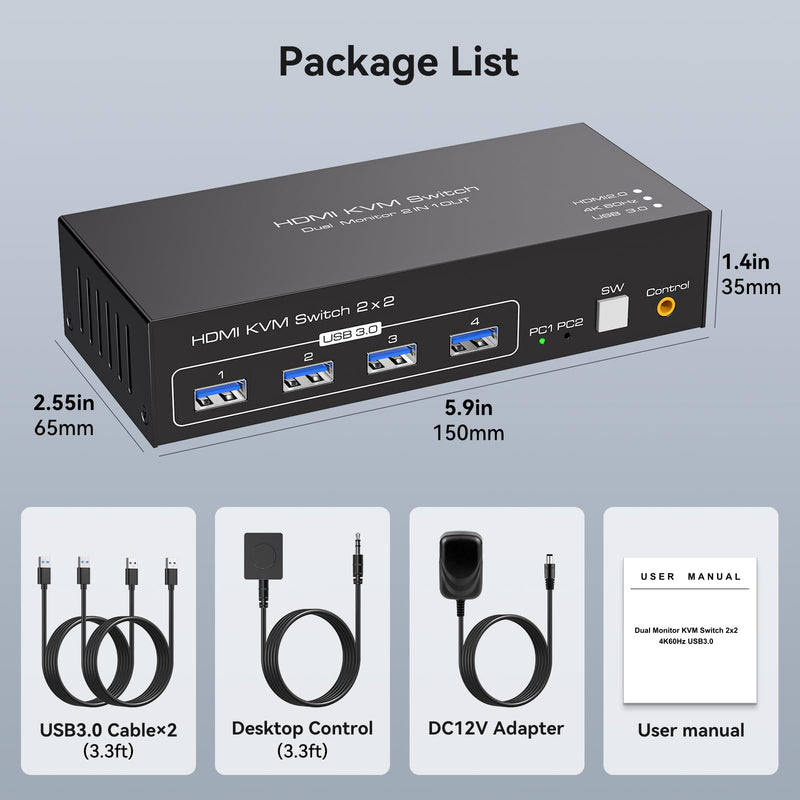 HDMI KVM Switch Dual Monitor 2 Computers Support 4K@60Hz USB 3.0 KVM Switches Share Dual Monitors and 4 USB 3.0 Ports Support Extended/Copy Mode with DC 12V Adapter&Wired Controller HDMI 2 PC 2M 4K Black