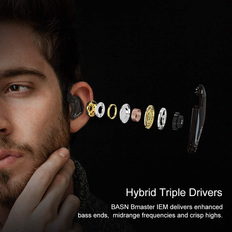 BASN Triple Driver in Ear Monitors Bmaster in-Ear Headphones with Silver-Plated MMCX Cable Ideal Earphones for Musicians Sound Engineers and DJs (Dark Brown) Black