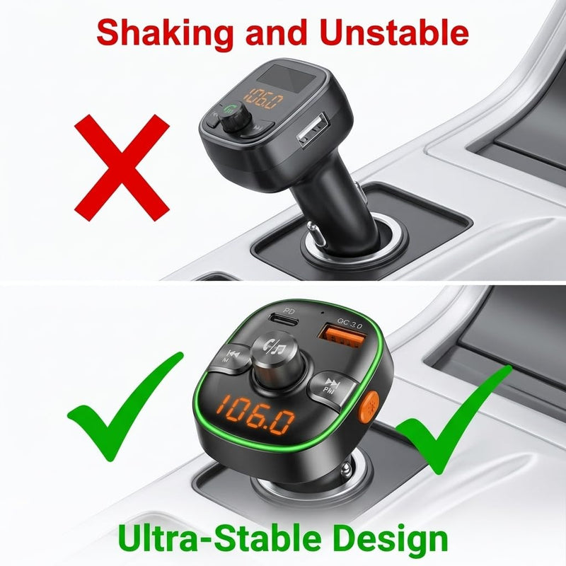 BC60 Bluetooth 5.3 FM Transmitter for Car, PD 30W & QC 3.0 Dual Fast Charging, Hands-Free Calling, Car Battery Voltage Monitor, Ultra-Stable Plug, Crystal Clear Sound