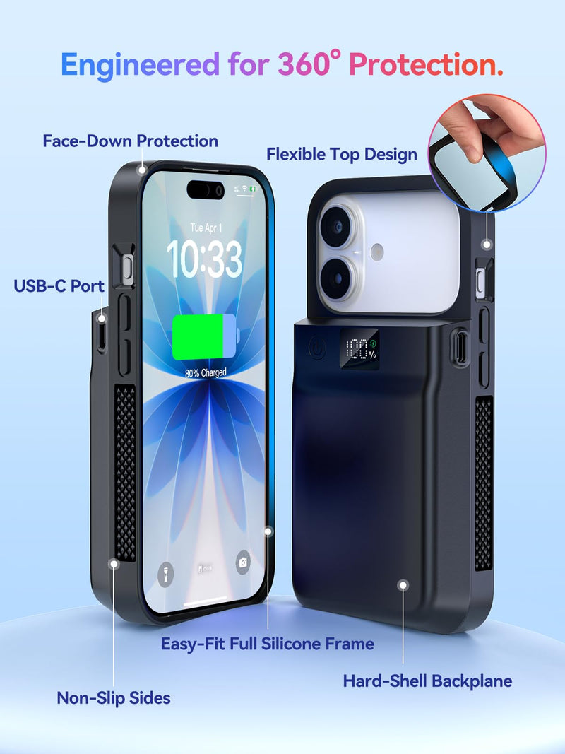 NEWDERY 9300mAh Battery Case for iPhone 17/17 Pro Fast Charging Case Black | Portable Power Bank,USB-C Port, Fast Charging, Protective Rechargeable Charger Case 6.3'' Black