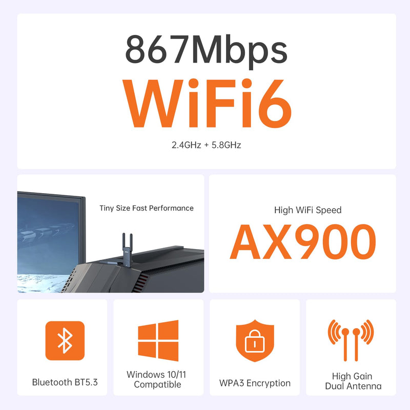 USB WiFi Adapter for Desktop PC, AX900 Bluetooth WiFi 6 Adapter WiFi Dongle with 5Ghz 2.4GHz Dual Band Wireless Network Card, Built-in Driver for Windows 10/11, High Gain Antenna, WPA3 Security