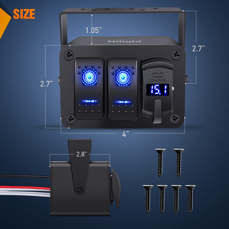  [AUSTRALIA] - Nilight 2 Gang Rocker Switch Box 12V SPST ON Off Switch PD Type C and QC 3.0 USB Charger Voltmeter Waterproof Aluminum Rocker Switch Panel DIY Stickers for Boats Cars RVs Trucks Blue+Box