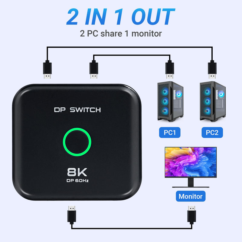 Displayport Switch 2 in 1 Out DP Switch Selector Box 8K@60Hz 4K@144Hz 4K@120Hz 4K@60Hz Display Port Switch for PS5, HDTV, Xbox, Fire Stick