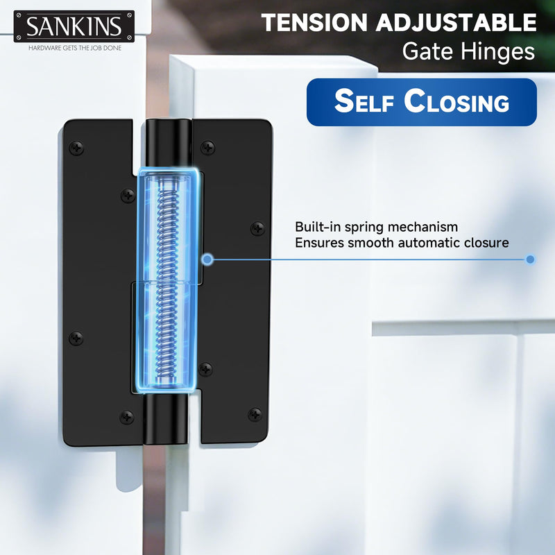 5-3/4" Adjustable Self Closing Aluminum Gate Hinges, Heavy Duty Gate Hinges for Metal Gates, Non-Legged Door Hinges Fence Gate Hinge for Pool Gate, Aluminum Gate, 2pcs, Black