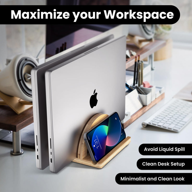 Kothar Premium Wood Vertical Laptop Stand - Adjustable Dual Slot Bamboo Holder for MacBook, Dell, HP, and More | Space-Saving Desktop Organizer | Eco-Friendly, Sleek & Durable Design Natural