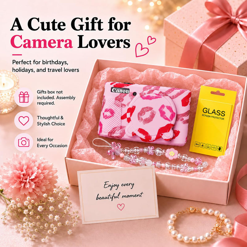 Cute Camera Case for Canon PowerShot SX740 HS/SX730 HS,Silicone Protective Cover with Removable Lens Cap,Wrist Strap & 2 Pack Tempered Glass Screen Protector for Women (Pink Lips) Pink Lips