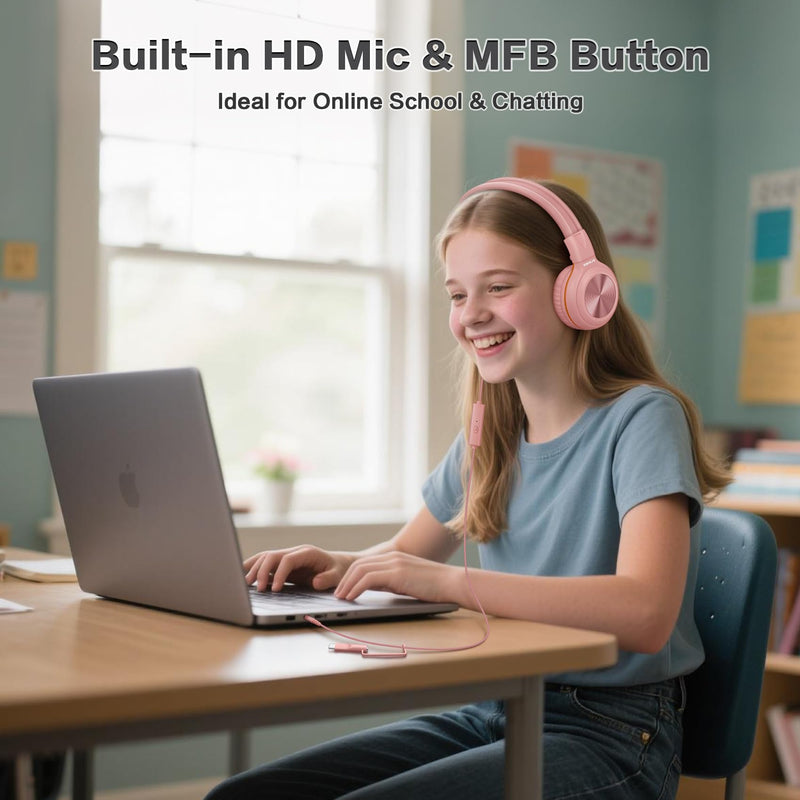 SIMOLIO Manyshare Kid Wired Headphones with Mic for School,USB-C &3.5mm | Over Ear Foldable Headset with Stereo Sound & HD Mic & Share Port, Noise Cancelling w/Pouch for Travel, iPhone,iPad,Tablet,PC Barbie Pink