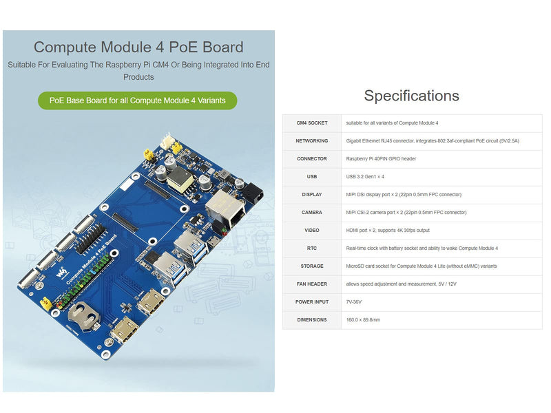 Waveshare Compute Module 4 IO Board with PoE Feature, Compatible with Raspberry Pi, Suitable for All Variants of CM4