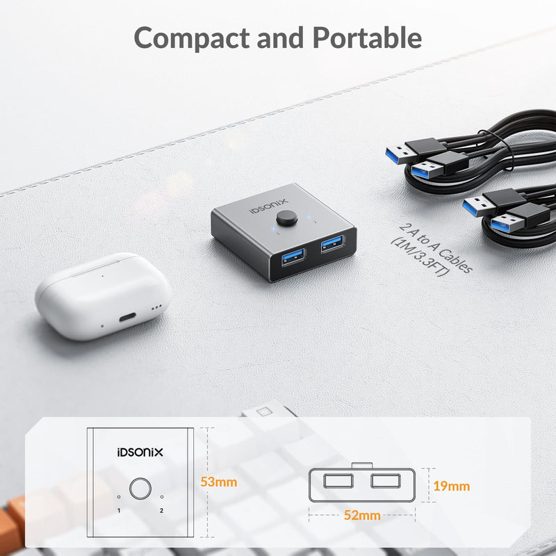 iDsonix USB 3.0 Switch Aluminum, Bi-Directional USB Switcher 1 in 2 Out (2 in 1 Out), Share 1 Device Between 2 Computers for Printer Mouse Keyboard, USB Sharing Switch Support CarPlay,Android Auto