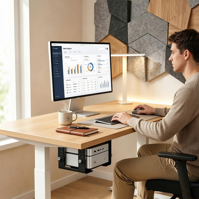 8-Level Height Adjustable Metal Under Desk Mini PC Mount Bracket | 1.8" to 3.9" height adjustable, with two different interchangeable lower components, Side Port Design, Space-Saving