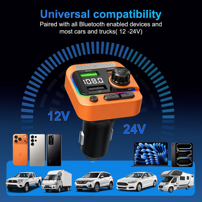 63W FM Transmitter Bluetooth Car Adapter, Wireless FM Bluetooth Transmitter | [PD 45W & QC3.0] Fast Charge, Deep Bass Player, Hands-Free Calling, Orange