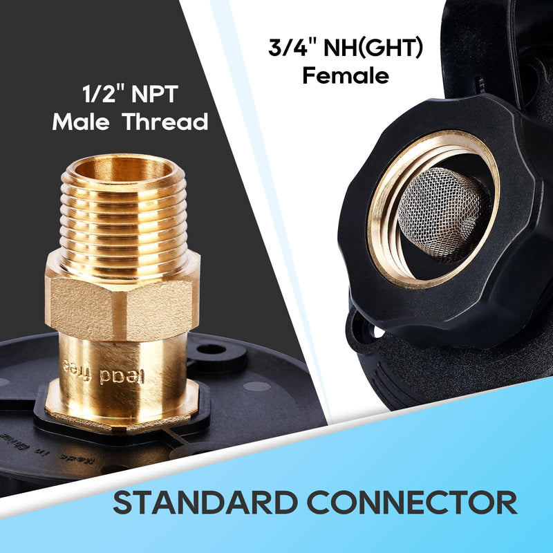 RVGUARD RV City Water Inlet, 3/4" NH Female to 1/2" NPT Male City Water Fill Inlet Flange Brass with Check Valve for RV, Camper, Trailer, Marine (Black S) black