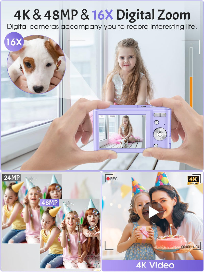 48MP 4K Kids Camera - Compact Point & Shoot with 2.8" LCD, 16X Zoom, 32GB SD Card Purple