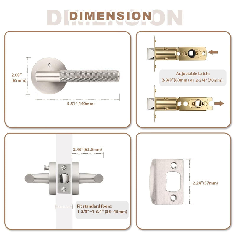 Brushed Nickel Privacy Door Handles, Sliver Interior Door Levers for Bathroom and Bedroom, Knurled Keyless Satin Nickel Door Knob, Reversible for Right & Left Side, 1 Pack Privacy Door Handle
