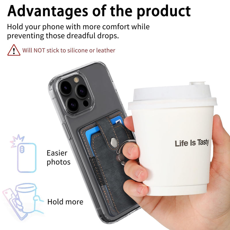 Adhesive Phone Card Holder Wallet with 360° Ring Stand-Black ﻿ | Black stick-on card pouch holds up to 3 daily cards with snap closure, ring grip and kickstand for smooth flat phone backs