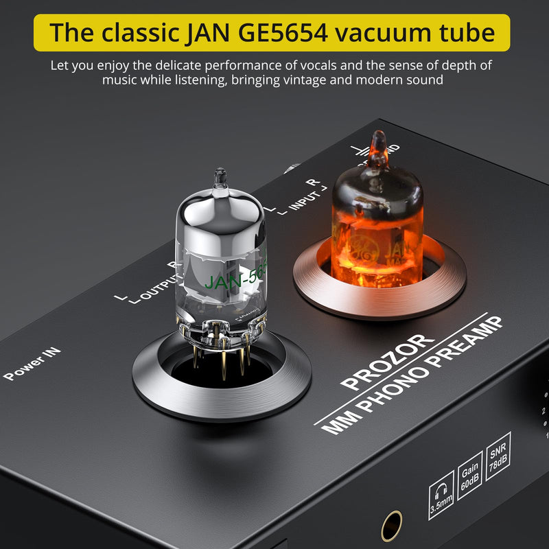 PROZOR Vacuum Tube Phono Preamp, JAN GE5654 Tube, for MM Turntable Phonograph & Record Player, Mini Headphone Amp for Home Audio Systems Stereo Amplifier, with 15V Power Adapter Black - Tube Phono Preamp