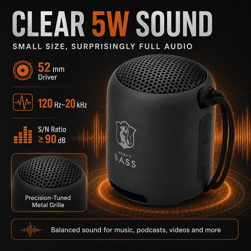 HEAVY BASS Portable Bluetooth Speaker, Wireless Mini Speaker with Bluetooth 5.4, TWS Pairing, FM Radio, TF Card, USB Drive, AUX Input, 5W Sound, Built-in Mic for Calls, Black