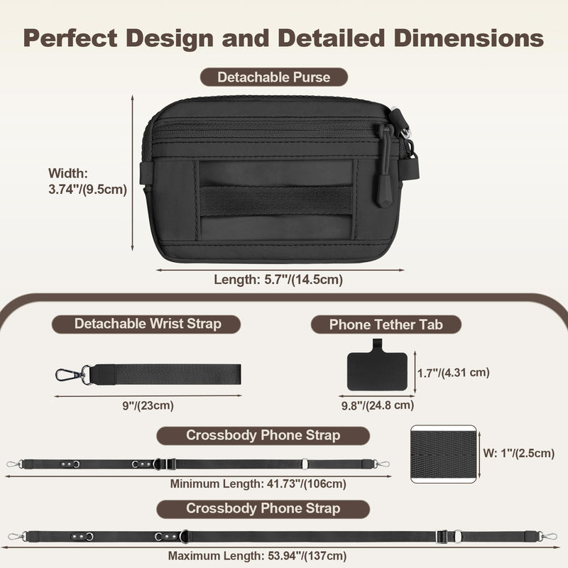Clip and Go Strap for Phone with Wallet Crossbody, Adjustable & Detachable Phone Lanyard with RFID Wristlet Wallet, ID Window, Zipper, Universal Phone Strap for All Phones, Black (M) Medium