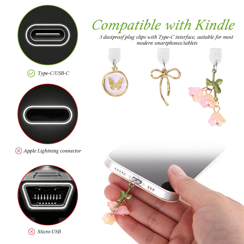 5pcs Mobile Phone Charm Set, Cute Flower Chain Charm with Heart Grip Holder & Dust Plug Ornaments Compatible with Kindle Paperwhite E-Reader Phone