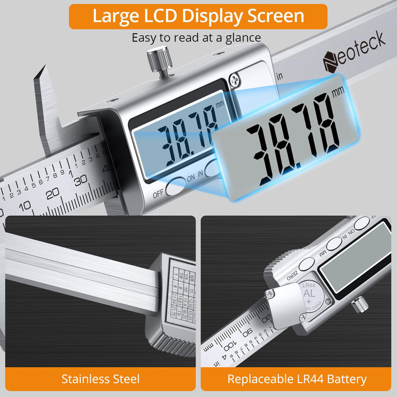 Neoteck 4 inch/100mm Digital Caliper, Stainless Steel Electronic Calipers Measuring Tool inch/mm Conversion, Large LCD Screen 4 inch Digital Caliper