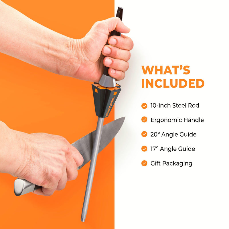 Orange Ninja Knife Honing Rod 10-inch with Adjustable Angle Guides 17° & 20°- Premium Quality Sharpening Steel Sharpener to keep Kitchen Knives Sharp