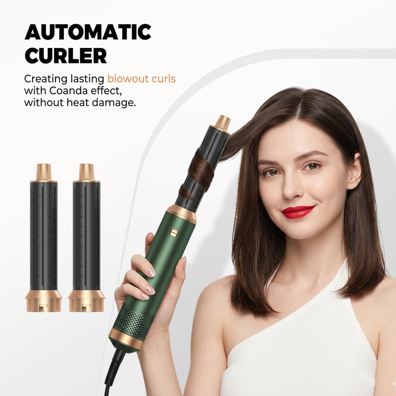 OKWRAP 5 in 1 Hair Styler, Airbrush 5 in 1 Hairstyler, Air Styler 5 in 1 | Air Brush Hair Styler with Ionic Air Curler, Hair Dryer, Hot Air Brushes for Drying, Curl, Straight, Volumise and Smooth Green Gold