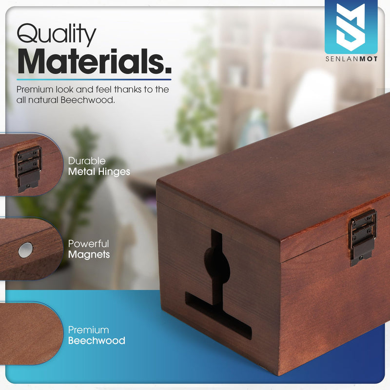Wooden Cable Management Box – Modern Wire Organizer Box & Power Strip Cover for Home or Office | Large Cable Hider for Wires, Chargers & Extension Leads – Home Organization Storage dark Browm
