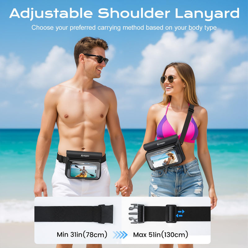 IPX8 Waterproof Fanny Pack, [Up to 8.5"] Waist Bag for Women, Floating Phone Pouch Dry Bag for iPhone 17 16 15 Pro Max, Passport, Wallet, Card, Travel Beach Kayaking Boating Essentials, 2 Pack Black + Pink