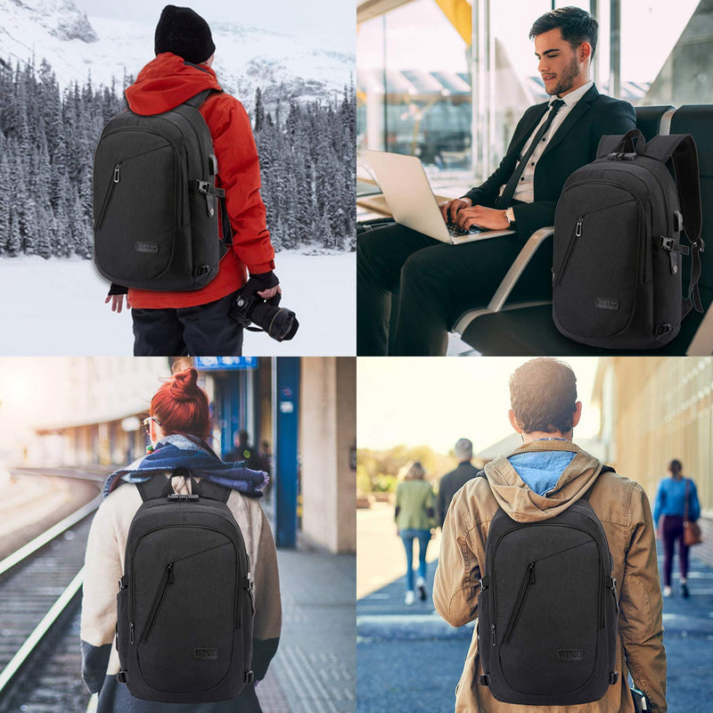 WENIG Anti-Theft Travel Laptop Backpack with USB Charging Port Lock,Water Resistant Slim Work Computer Bag for Men College Bookbags Fits 15.6 Inch Laptop Black