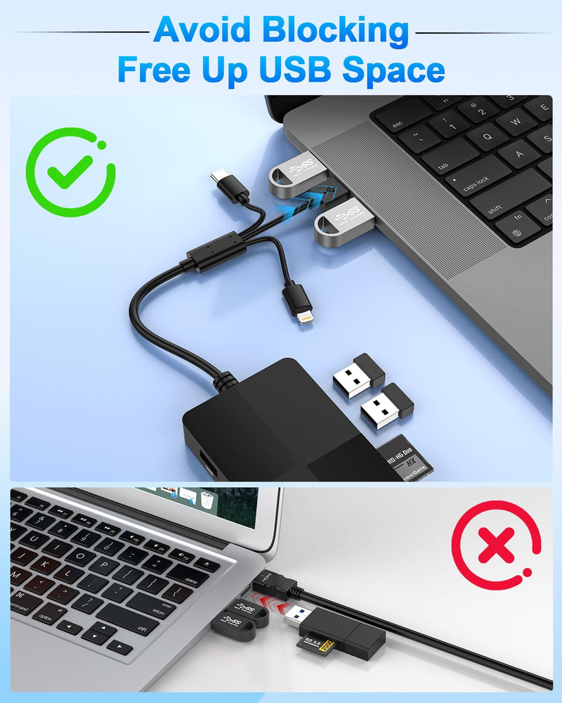 Multi SD Card Reader Adapter 8in1,USB-C + Lightning + USB-A SD/TF/MS/CF/XD Memory Stick Pro Duo Adapter,Memory Card Reader with 3X USB2.0 Ports for iPhone/Windows/Android/PC/Photography/Vlog
